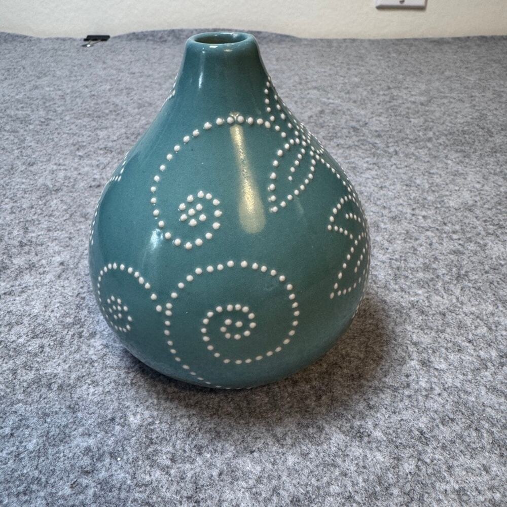 Crate & Barrel Teal Ceramic Bud Vase White Raised Dot Floral 4" Thailand